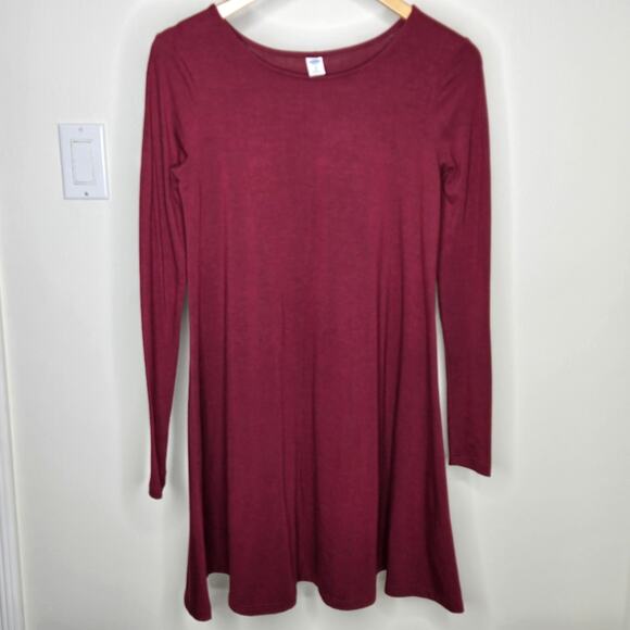 Old Navy Burgundy Red Round Neck Long Sleeve A-Line Dress Size XS - Picture 1 of 6